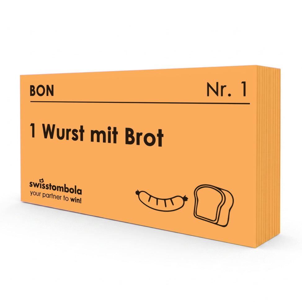100 Gutscheine am Block, nummeriert, 1 Wurst mit Brot