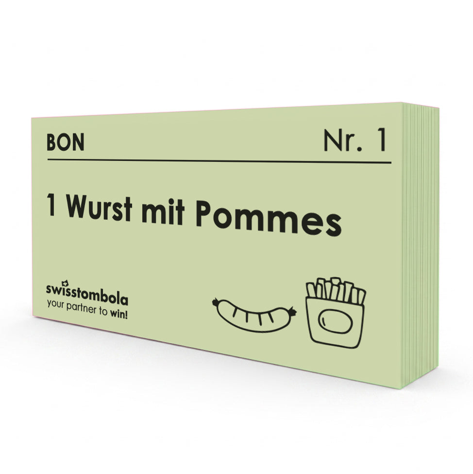 100 Gutscheine am Block, nummeriert, 1 Wurst mit Pommes