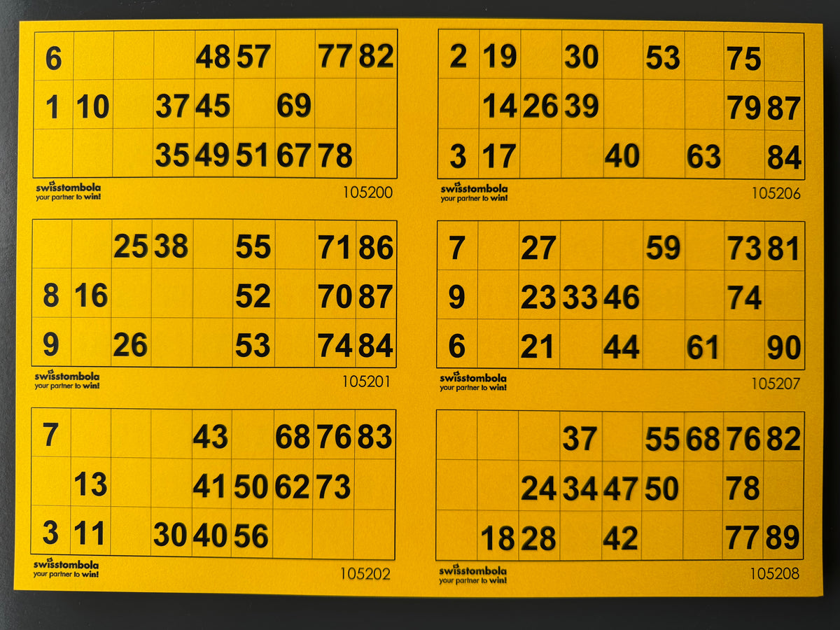 100 Lotto Karten mit 6 Spielen 15 aus 90, Papier 160 Gramm, 297 x 210 mm