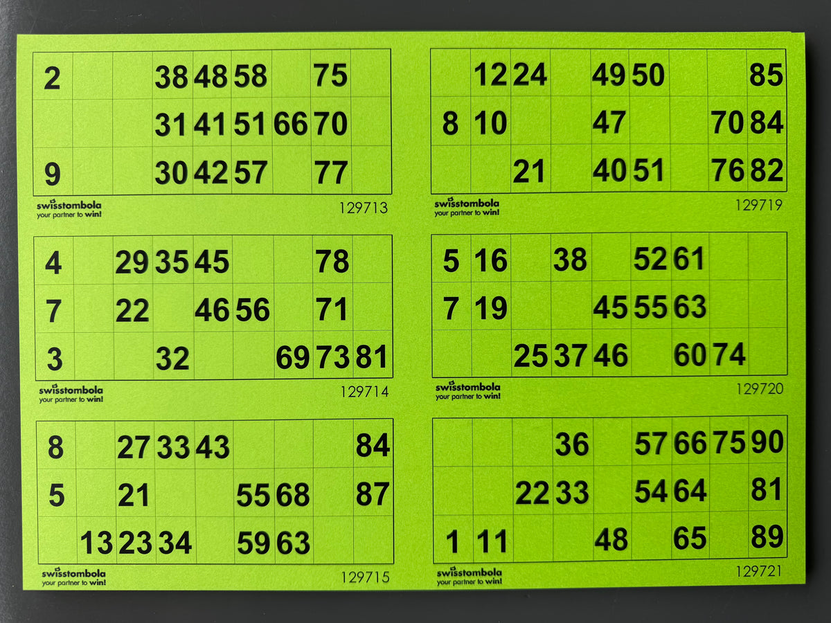 100 Lotto Karten mit 6 Spielen 15 aus 90, Papier 160 Gramm, 297 x 210 mm