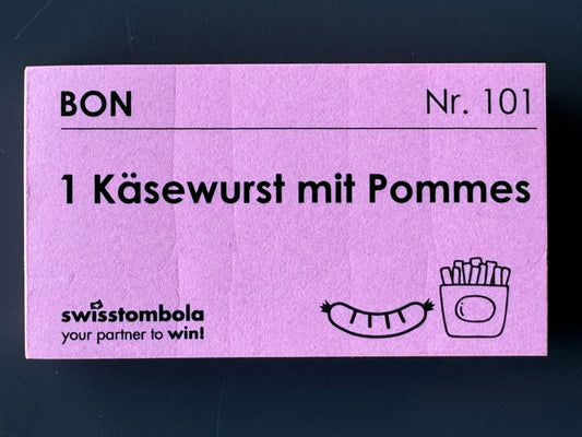 100 Gutscheine am Block, nummeriert, 1 Käsewurst mit Pommes