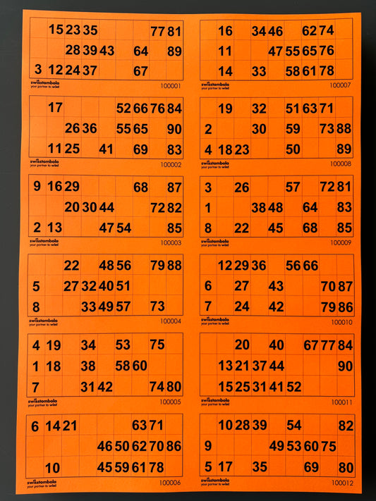100 Lotto Blätter mit 12 Spielen 15 aus 90, Papier 160 Gramm, 297 x 420 mm