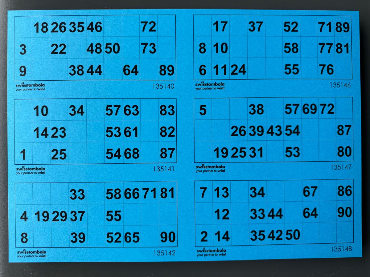 100 Lotto Karten mit 6 Spielen 15 aus 90, Papier 160 Gramm, 297 x 210 mm