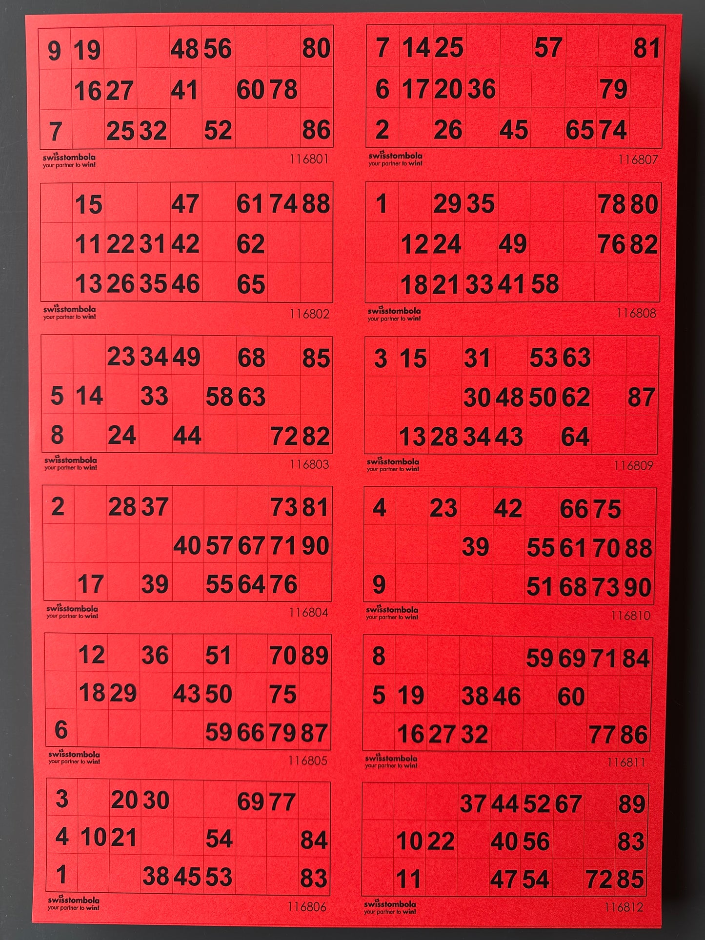 100 Lotto Blätter mit 12 Spielen 15 aus 90, Papier 160 Gramm, 297 x 420 mm