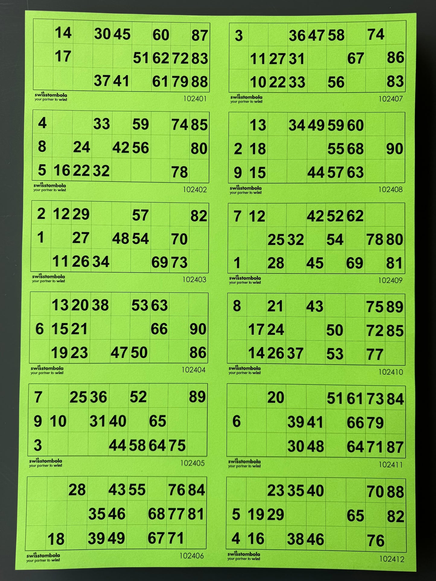 100 Lotto Blätter mit 12 Spielen 15 aus 90, Papier 160 Gramm, 297 x 420 mm