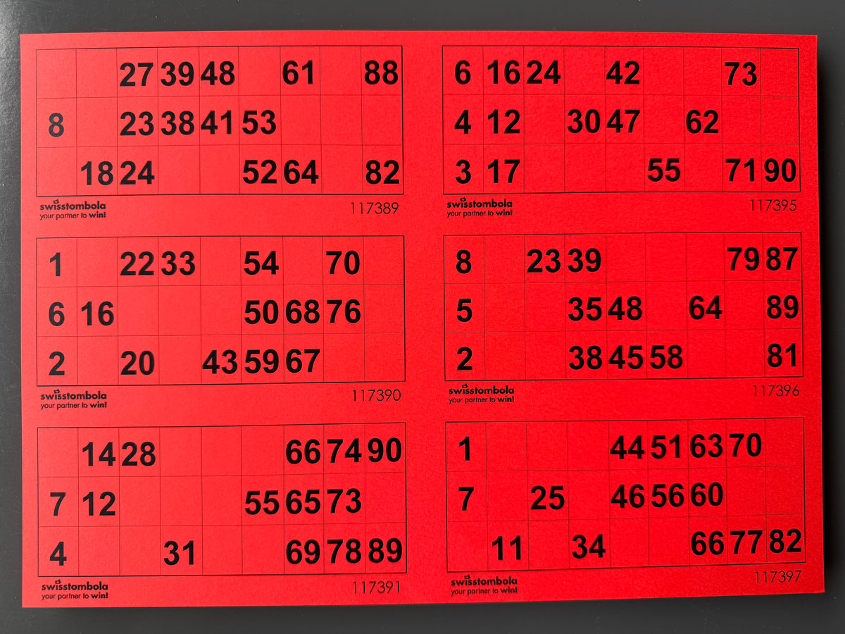 100 Lotto Karten mit 6 Spielen 15 aus 90, Papier 160 Gramm, 297 x 210 mm