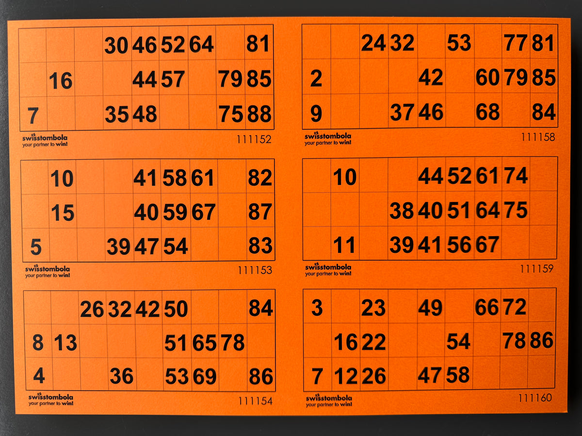 100 Lotto Karten mit 6 Spielen 15 aus 90, Papier 160 Gramm, 297 x 210 mm