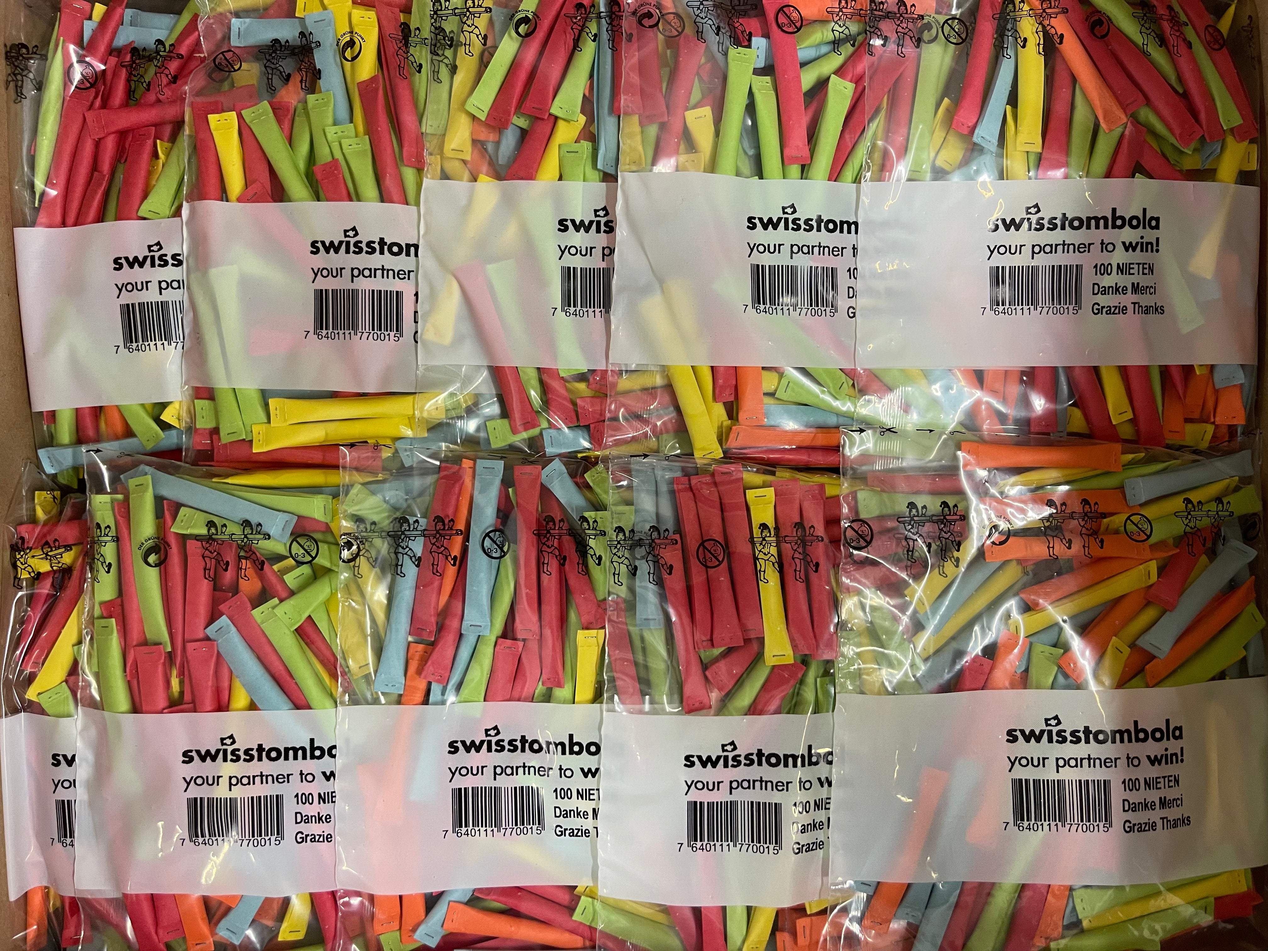 100 Swisstombola Sicherheitslose Nieten „Danke Merci Grazie Thanks“ (5-farbig)