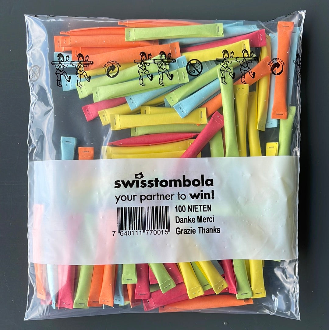100 Swisstombola Sicherheitslose Nieten „Danke Merci Grazie Thanks“ (5-farbig)