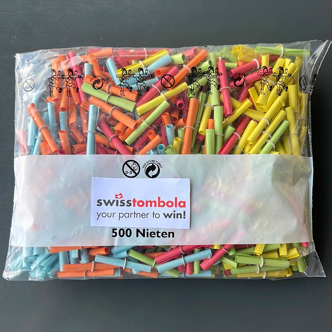 500 Swisstombola Röllchenlose Nieten mit lustigen Versen (5-farbig)