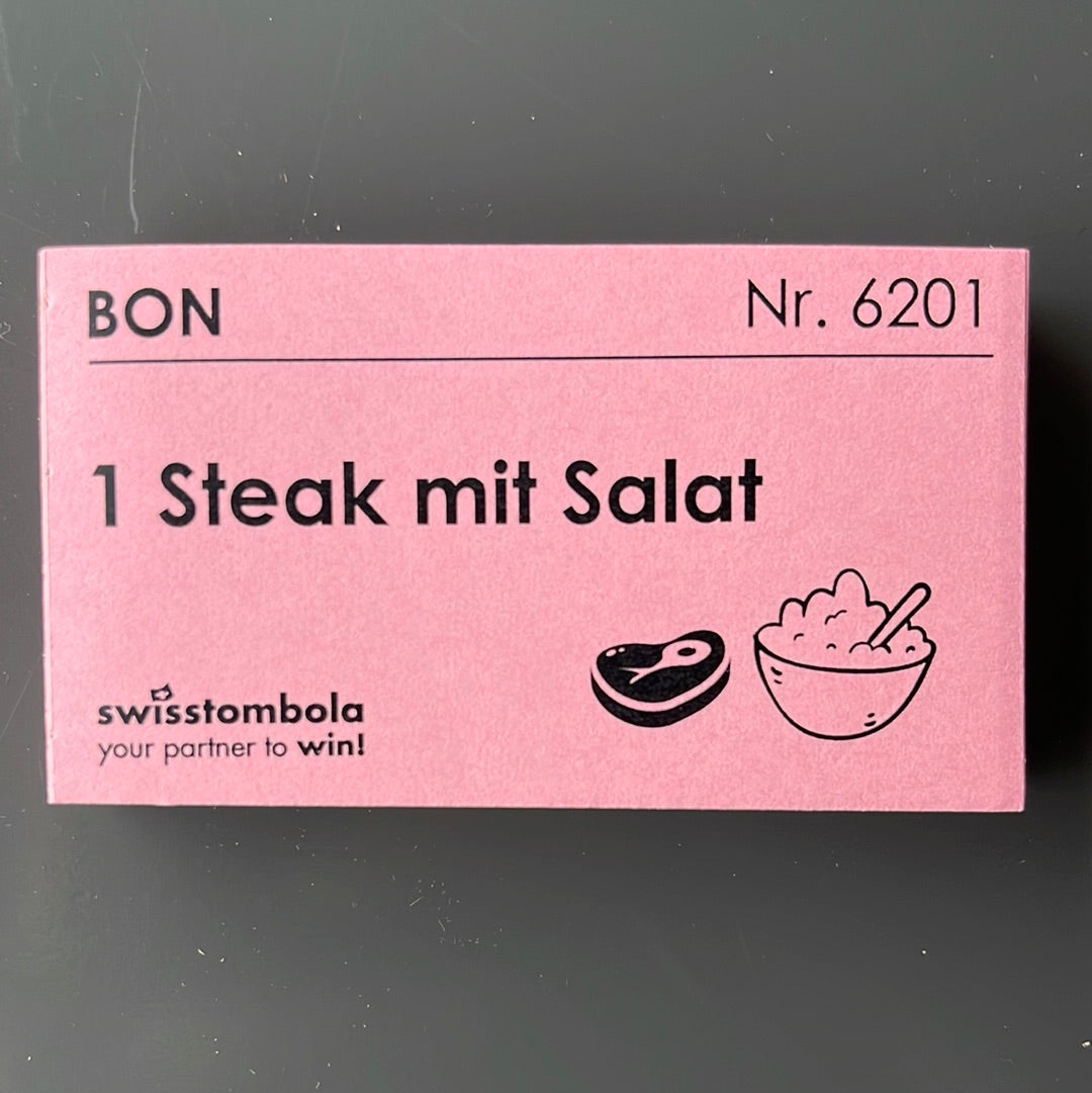 100 Gutscheine am Block, nummeriert, 1 Steak mit Salat