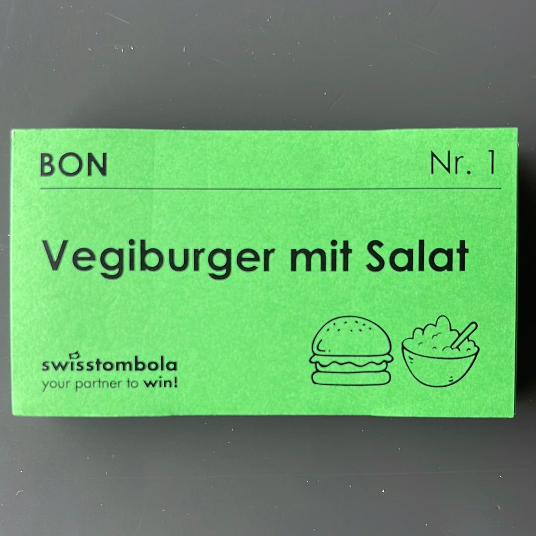 100 Gutscheine am Block, nummeriert, Vegiburger mit Salat