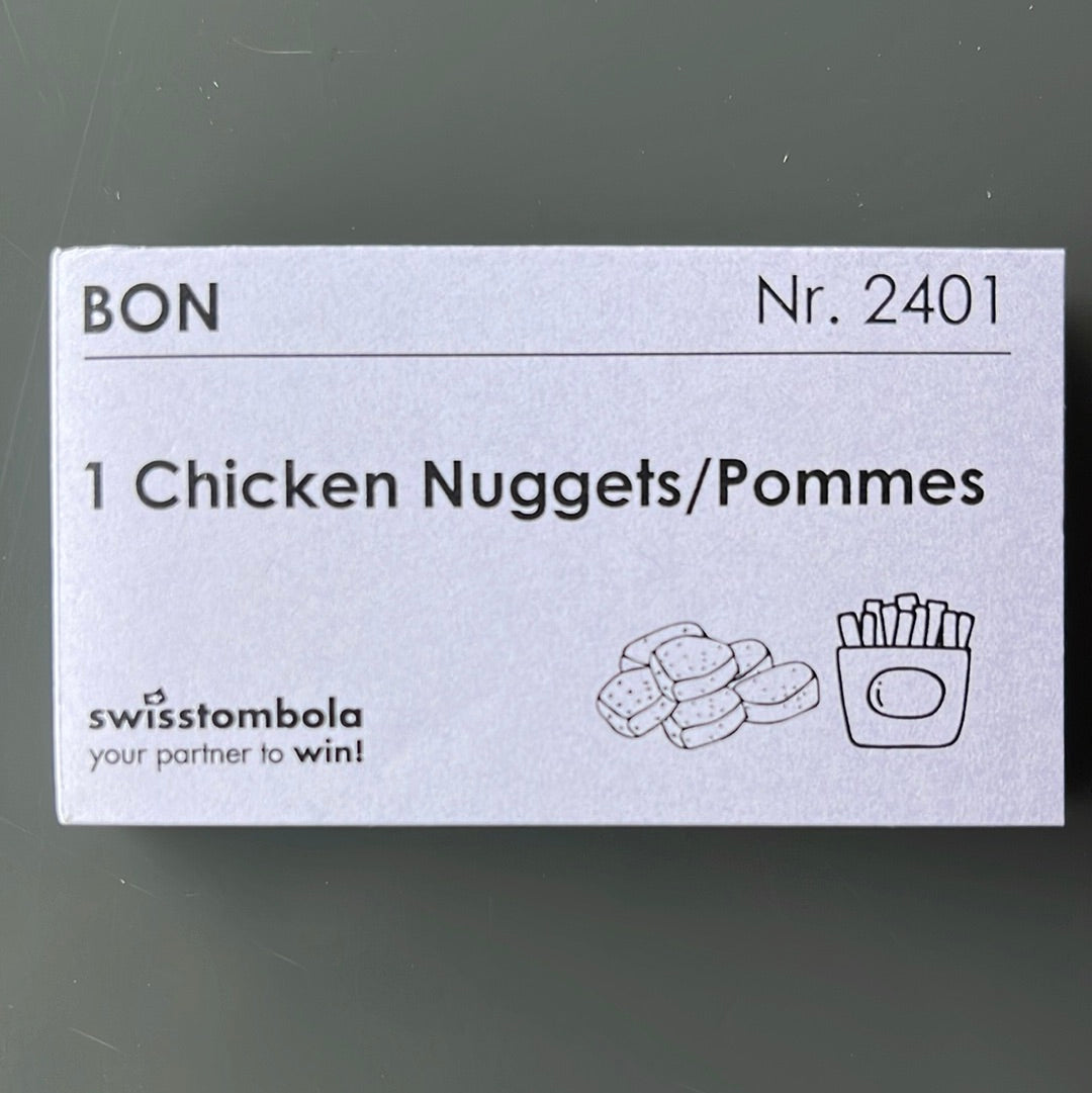 100 Gutscheine am Block, nummeriert, 1 Chicken Nuggets/Pommes