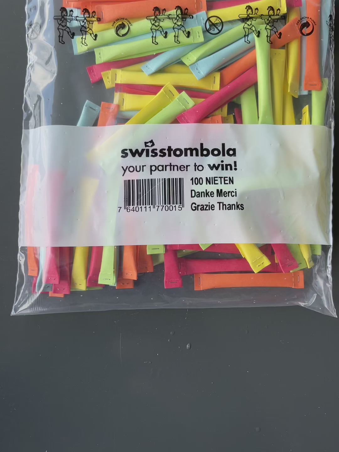 100 Swisstombola Sicherheitslose Nieten „Danke Merci Grazie Thanks“ (5-farbig)