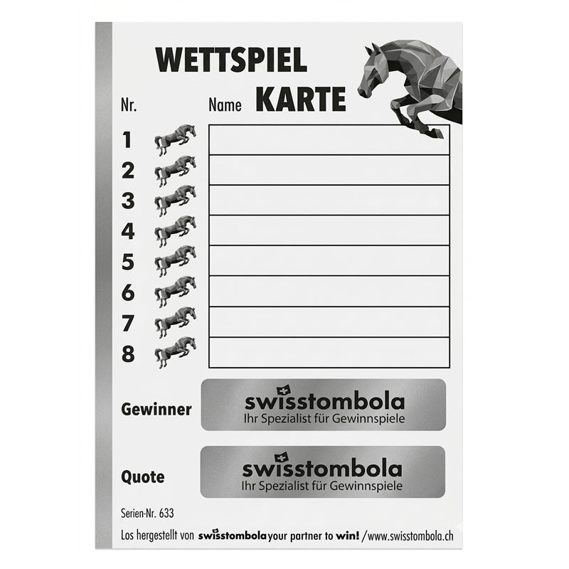 Wettspiel Pferderennen (100 Stück) – 3 Gewinner & 3 Quoten